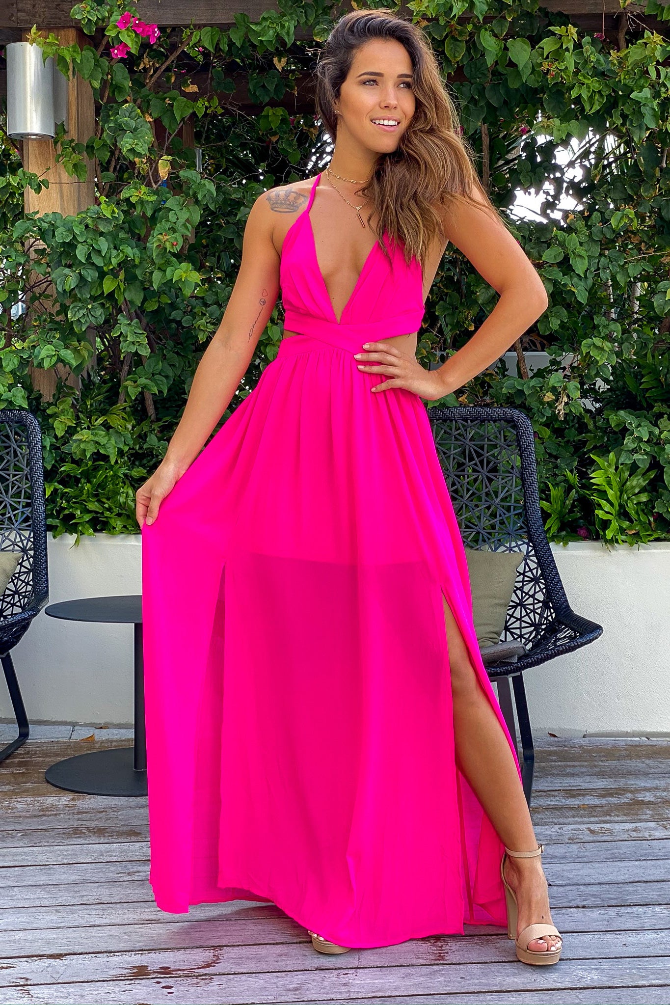 Hot Pink Maxi Dress with Cut Outs and ...